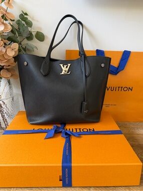 Authentic Louis Vuitton Lockme Cabas Tote in Black Grained Calfskin